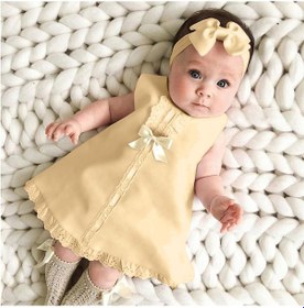 Resim Bej Yenidoğan Kız Bebek Kolsuz Casual Maxi Fiyonk Elbise + Saç Bandı Seti Kıyafet Bej 