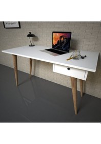 Resim Emkawood Emkawood Tina Masif Ayaklı Çekmeceli Beyaz Çalışma Masası 