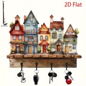 Resim 1 Adet Rustik Ahşap Anahtarlık, 30.0cm Metal Kancalar - Renkli Köy Manzaralı Duvar Dekorasyonu, Boyutlar: 22.68cm x 10.16cm, Kolay Kurulum, Veranda, Oda, Villa İçin Uygun - Her Mevsim Ev Düzenleyici, Düz 2D 