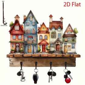 Resim 1 Adet Rustik Ahşap Anahtarlık, 30.0cm Metal Kancalar - Renkli Köy Manzaralı Duvar Dekorasyonu, Boyutlar: 22.68cm x 10.16cm, Kolay Kurulum, Veranda, Oda, Villa İçin Uygun - Her Mevsim Ev Düzenleyici, Düz 2D 