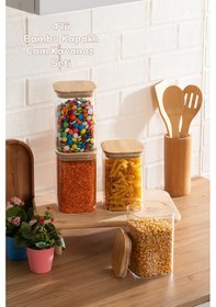 Resim Porsima 6-4 Bambu Vakumlu Kapaklı Kare Borsilikat Cam 4lü Kavanoz Seti Saklama Kabı 1250ml 9,5x15cm 