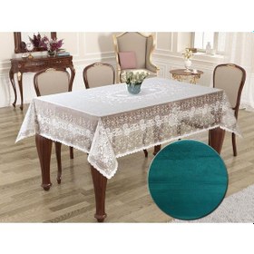 Resim Örme Pano Desenli Masa Örtüsü Seti 160 220 Sultan Turkuaz Mavi Turkuaz 