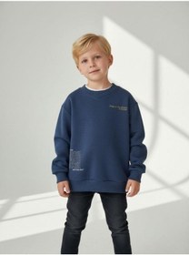 Resim Zekids Erkek Çocuk Pamuklu V Yaka Baskılı Sweatshirt-16702 Indigo 