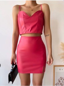 Resim Biçomi Tek Yırtmaçlı Arkadan Fermuarlı Deri Etek Fuşya S24475 Fuşya 