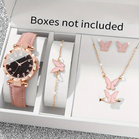 Resim 6 Parça Şık Pembe Dijital Kuvars Saat ve Kelebek Takı Seti, Simülasyon PU Moda Saat, Çinko Alaşım Kasa ve Düğme Pil - Anneler Günü, Sevgililer Günü, Ramazan, Mezuniyet Sezonu, Doğum Günü veya Yıldönümü Hediyesi - Günlük Kullanım İçin Uygun 