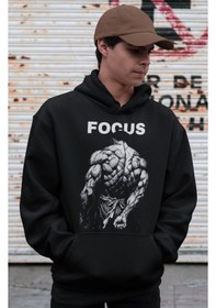 Resim Sevbano Tasarım Focus Yazılı Bodybuilding Fitness Gym Baskılı Unisex Over Siyah 