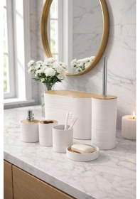 Resim Makri Home 6 Parça Beyaz Banyo Seti, Bambu Detaylı, 8l Çöp Kovası 24x26x16 Cm 