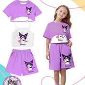 Resim Sanrio Kuromi Üç Parça Takım - Askılı Karikatür Baskılı Tişört ve Şort, Polyester Kumaş, Düzenli Kesim, Yumuşak ve Rahat, Tüm Mevsimler İçin Mükemmel, Dış Mekan Giyimi İçin En İyi Seçenek, Dış Mekanlar İçin Mükemmel 