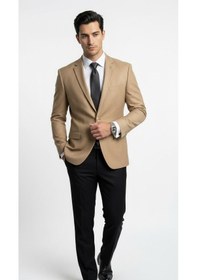 Resim Plus Scorpion Erkek Blazer Ceket Twill Dokuma Likralı Notch Yaka 1 Düğmeli Çift Yırtmaçlı Slim Fit Camel 