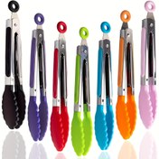 Resim 3'lü Mutfak Maşası, 20.32 cm Küçük Isıya Dayanıklı Yapışmaz Pişirme Mini Kilitli Gıda Salata Izgara Sote Kamp Aletleri, Paslanmaz Çelik Silikon Tutma Kolu Naylon Uçlu Ekipmanlar 