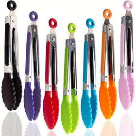 Resim 3'lü Mutfak Maşası, 20.32 cm Küçük Isıya Dayanıklı Yapışmaz Pişirme Mini Kilitli Gıda Salata Izgara Sote Kamp Aletleri, Paslanmaz Çelik Silikon Tutma Kolu Naylon Uçlu Ekipmanlar 