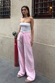 Resim BEJNA Kadın Pembe Keten Bol Kesim Palazzo Pantolon 
