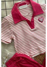Resim Turuncu Gardrop 8-14 Yaş Polo Yaka Çizgili Crop Fuşya Fuşya 