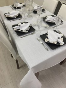 Resim Keten Görünümlü Simsiz Begonvil Masa Örtüsü Beyaz 13 Parça 