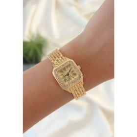 Resim Altın Kaplama Zirkon Taşlı Kare Roma Rakamlı Retro Kadın Saat 