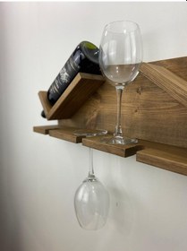 Resim Ahşap Şaraplık ve Kadeh Standı Koyu Meşe 