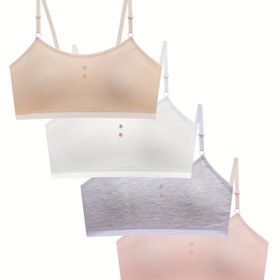 Resim 4 adet Kız Sütyeni, Çiçek Düğme Süslemeli İç Çamaşırı, Çelik Halka Yok, Ayarlanabilir Omuz Askısı, Nefes Alabilen Rahat Yumuşak Bralette Öğrenciler İçin 9-15 Yaş Arası 