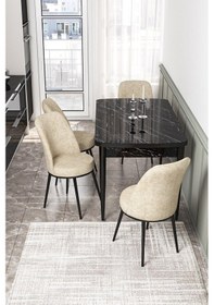 Resim Canisa Concept Kor Serisi 70x114 Açılabilir Mutfak Masası Takımı Siyah Mermer Desen Masa 4 Krem Sandalye Masa Siyah Mermer Sandalyeler Krem 