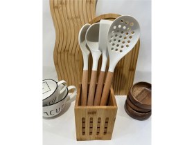 Resim Bambu Saplı Silikon Mutfak Servis Seti, Pişirme ve Servis Takımı, 4 Parça, Beyaz 