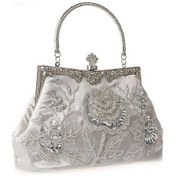 Resim Çiçek Boncuklu Nakış Çanta, Vintage Payet El Abiye Çanta Gümüş 