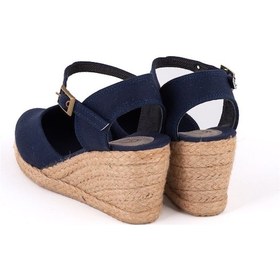 Resim Gerçek Elişi Topuğu Açık Bilekten Bantlı Dolgu Topuk Keten Hasır Kadın Espadril Handmade Lacivert 