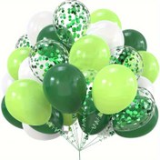 Resim 50 adet Yeşil ve Beyaz balon seti, Koyu Yeşil, Açık Yeşil ve Konfeti Lateks balonlar dahil, Doğum Günleri, Duşlar ve Jungle Safari temaları için mükemmel. 