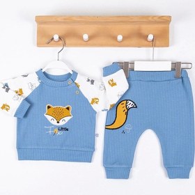 Resim Baby Donat Littie Fox Nakışlı % 100 Pamuklu 2'li Erkek Takım mavi 