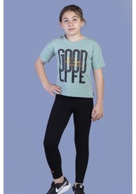 Resim Toontoy Kids Toontoy Kız Çocuk 2'li Takım Baskılı Bisiklet Yaka T-shirt & Basic Düz Tayt Yeşil 