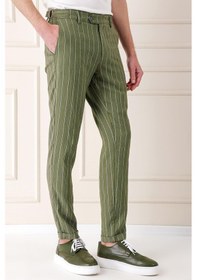 Resim Efor Comfort Fit Yandan Tokalı Çizgili Keten Casual Haki Pantolon P 1151 Haki 