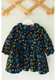 Resim Çiçekli Siyah Kız Çocuk Bebek Pazen Kışlık Elbise 001 