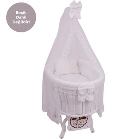 Resim Ahşap Sepet Beşik 2.60 cm Beyaz Fransız Dantelli Uyku Seti, Tam Takım, Beşik Dahil Değildir 