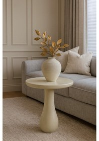 Resim Masif Ahşap Krem Renk Yan Sehpa Zarif Tekli Mantar Sehpa - Zigon Set Bej 