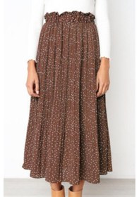 Resim Kadın Yarım Vücut Etek Moda Puantiyeli Cepli Pileli Rüzgar Eteği Uzun Etek Kahverengi 
