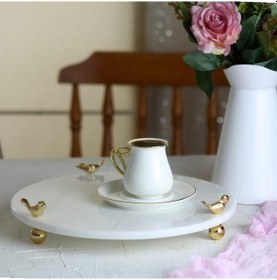 Resim Akayev Mermer Beyaz 30 Cm Altın Ayak Kuş Yuvarlak Sunum Tabağı 