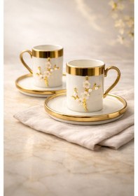 Resim 2 Kişilik Lüks Beyaz Gold Yaldızlı İnci Lotus Dallı Kahve Fincan Takımı Seti 100ml 