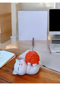 Resim Turuncu Yumaklı Yatan Kawaii Kedi Temalı Not Tutacağı Fotoğraf Tutacak Tutucu Ofis Hediyelik Turuncu 