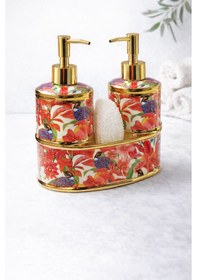 Resim Lüks Çicek Desenli Çift Pompa Sıvı Sabunluk Seti Gold Detaylı Mutfak & Banyo Organizer Çok Renkli 