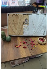 Resim Çeyizlik Aile Bornoz Seti 4 Parça Cappucino Beyaz Çok Renkli 