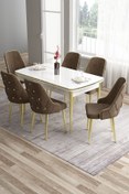 Resim Canisa Tia Serisi 80x132 Açılabilir Mdf Beyaz Gold Detay Mutfak Masa Takımı Ve 6 Kahverengi Sandalye 