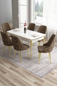 Resim Canisa Tia Serisi 80x132 Açılabilir Mdf Beyaz Gold Detay Mutfak Masa Takımı Ve 6 Kahverengi Sandalye 