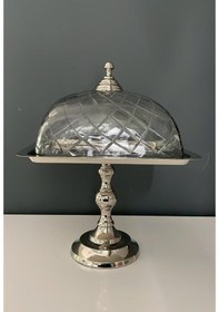 Resim Lamedore Kare Ayaklı Cam Kapaklı Kek Standı Nikel 24x24x35 Cm Gümüş 