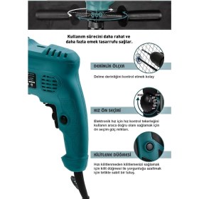 Resim Mediterian 13 mm Darbeli Çekiçli Elektrikli Matkap, 1100W, Mavi, Anahtarsız Mandren 