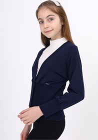 Resim Toontoy Lacivert Kız Çocuk V Yaka Düğmeli Düşük Omuz Korse Kesim Örme Okul Hırkası - 2 İplik Kaşkorse 