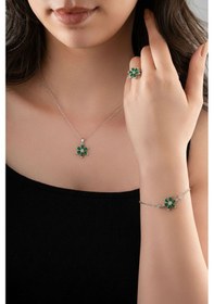 Resim 925 Ayar Zümrüt Taşlı Rodyum Lotus Çiçeği 3'lü Gümüş Set Gümüş 