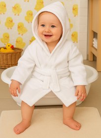 Resim CottonVerse Bebek & Çocuk Kapşonlu Bornoz - %100 Pamuk, Unisex Beyaz - Beyaz / 3-4 Yaş 