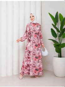 Resim %100 Pamuk Mango Kumaş Çiçek Desenli Boydan Düğmeli Tesettür Elbise Pembe 