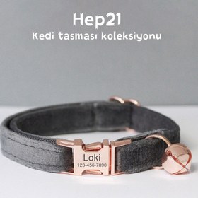 Resim Cat collar, cat collar with bell named Kadife 755153 - Gray LEASH / S/M 