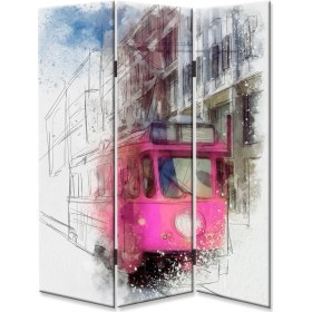 Resim Dekoyes Pembe Tranvay 3 Kanat Tekerlekli Kanvas Paravan 