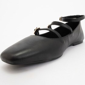 Resim Luvi Shoes Glımmer Siyah Hakiki Deri Bilekten Bağlamalı Küt Burun Kadın Babet Ayakkabı Siyah 