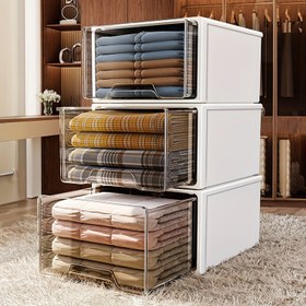 Resim 3 adet Şeffaf Çekmece Depolama Dolapları - Montaj Gerektirmez, Şeffaf Çekmece ile Yığınlanabilir Düzenleyici Kutular, Ağır Plastik Yapı, Dolap, Yatak Odası, Oturma Odası, Ofis için Alan Tasarrufu Veren Dikey Depolama - Giysiler, Havlular, Kitaplar, Ofis Malzemeleri için İdeal - Beyaz, Çekmece Depolama Düzenleyici, Yatak Odası Düzeni, Minimalist Tasarım, Sağlam Yapı, Ev Düzenleyicileri, Dolap Düzeni, Şık Tasarım, Dayanıklı Yapı, Küçük Alan 